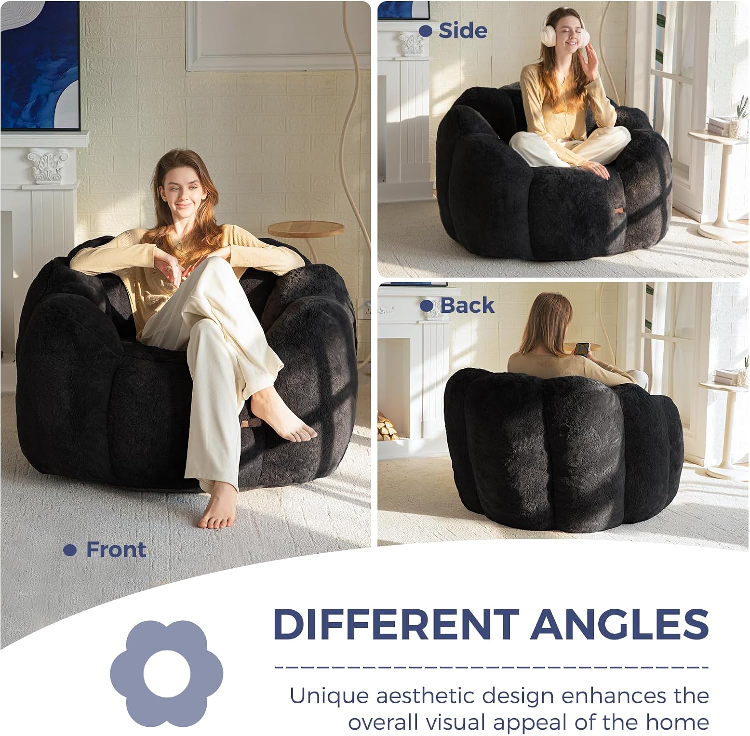 MAXYOYO Bean Bag Chair for Adults, Floral Shaped Bean Bag Sofa, Ultra Soft Faux Fur Floor Sofa, Large Reading Chair for Living Room Bedroom, Black, Single