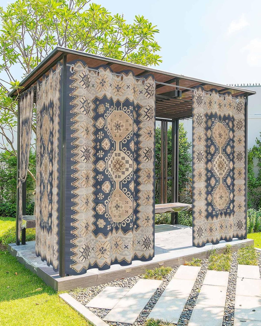 Boho Outdoor Curtains for Patio Waterproof, Ethnic Tribe Windproof Pravicy Outside Porch Blackout Curtain, Bohemian Southwest Vintage Abstract Blue Sun Blocking Curtains for Gazebo 2 Panels 54'x95'