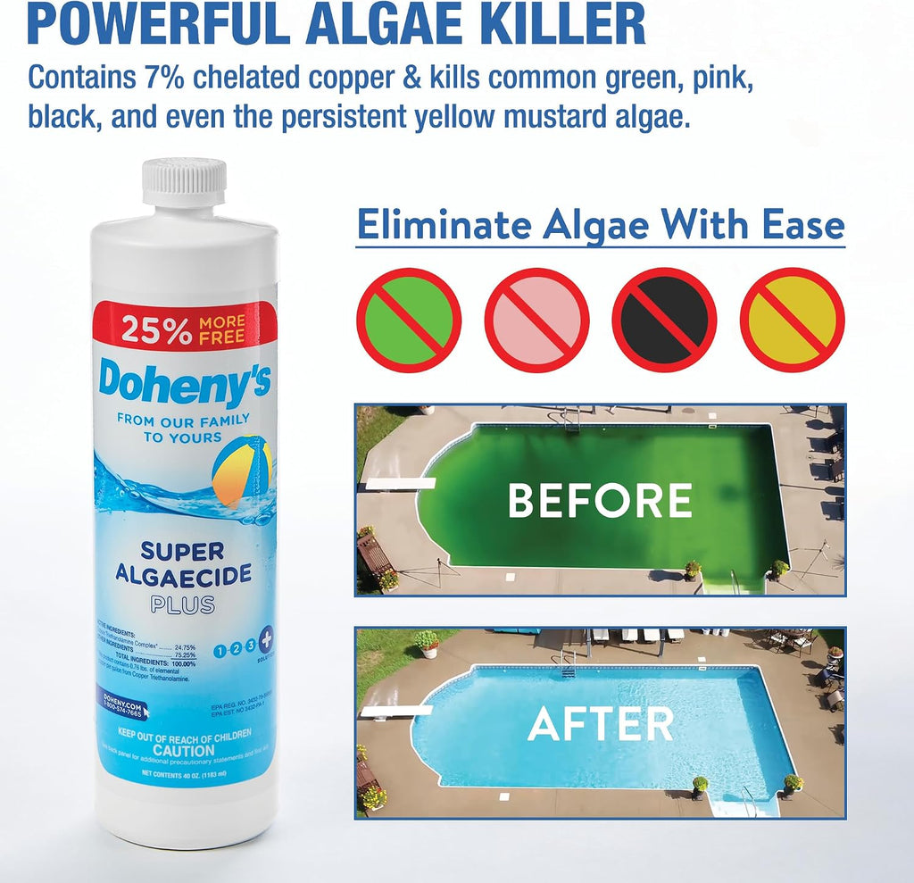 Doheny's Super Algaecide Plus | Pro-Grade | Effective Against Most Algae Types | 7.1% Chelated Copper (Reduces Staining) | Non-Foaming, No Clouding | Safe to Swim After Use | 12 x 40oz Bottles (480oz)