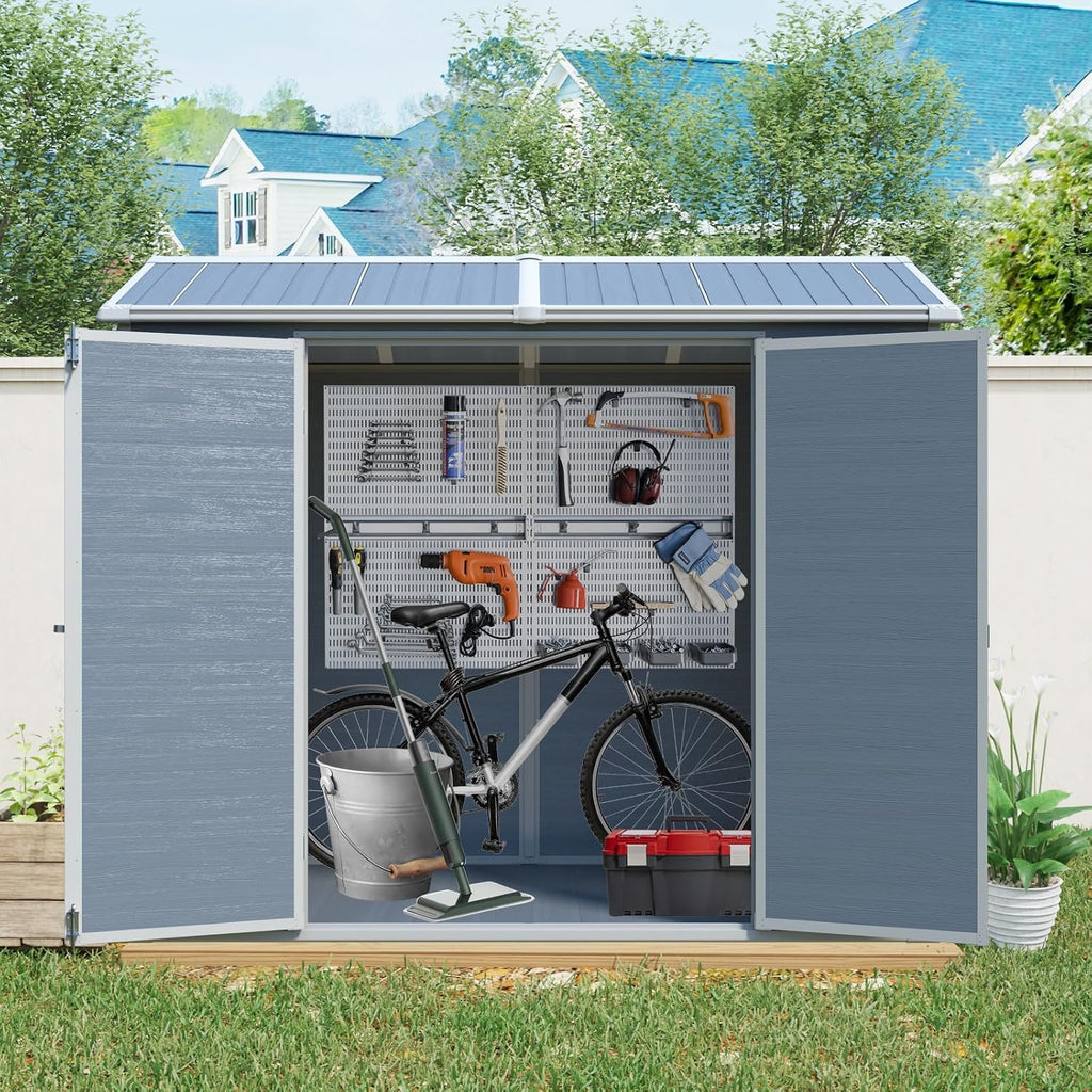 8x4 FT Outdoor Storage Shed with Floor, Weather Resistant Tool Shed with Lockable Door, Vents & Windows, Resin Garden Sheds with Sloped Roof for Backyard, Patio, Lawn, Black