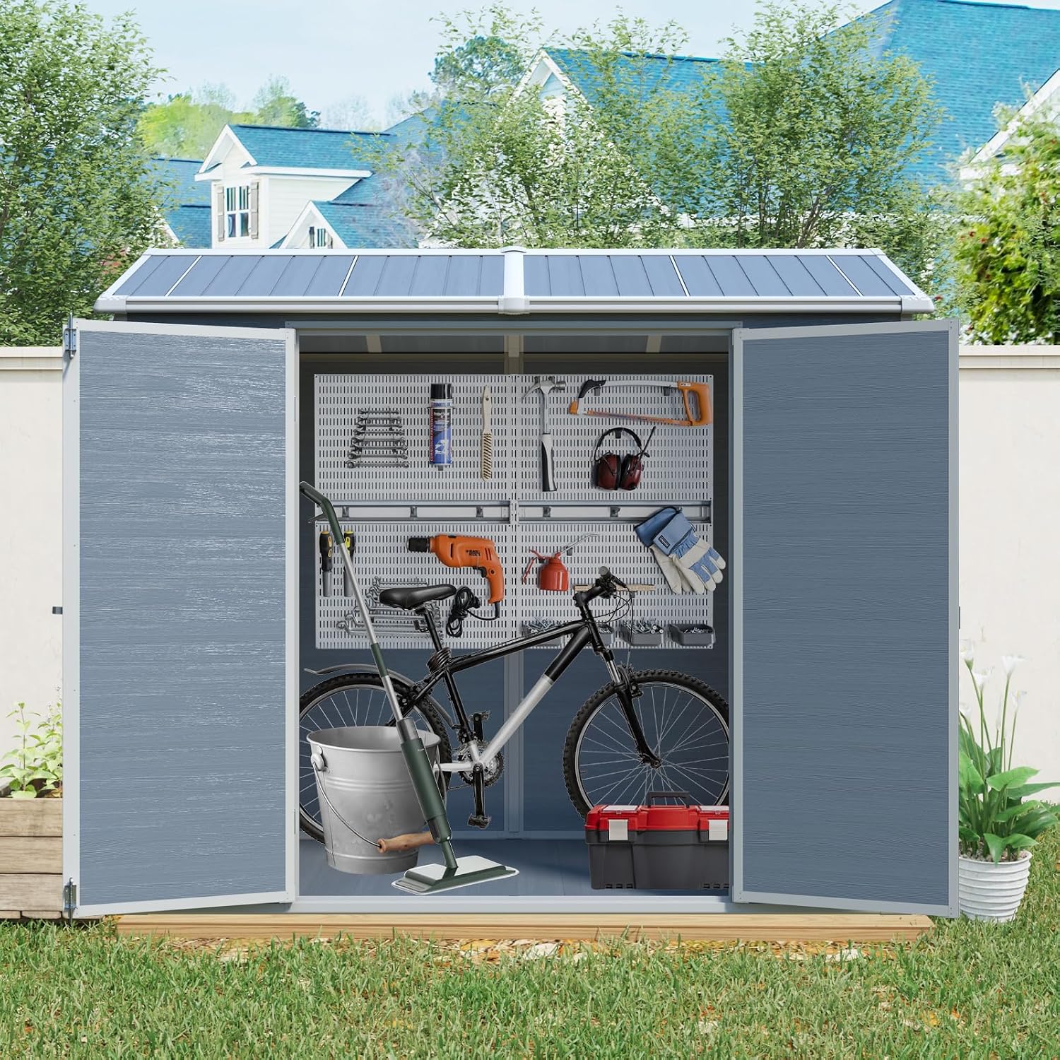 8x4 FT Outdoor Storage Shed with Floor, Weather Resistant Tool Shed with Lockable Door, Vents & Windows, Resin Garden Sheds with Sloped Roof for Backyard, Patio, Lawn, Black