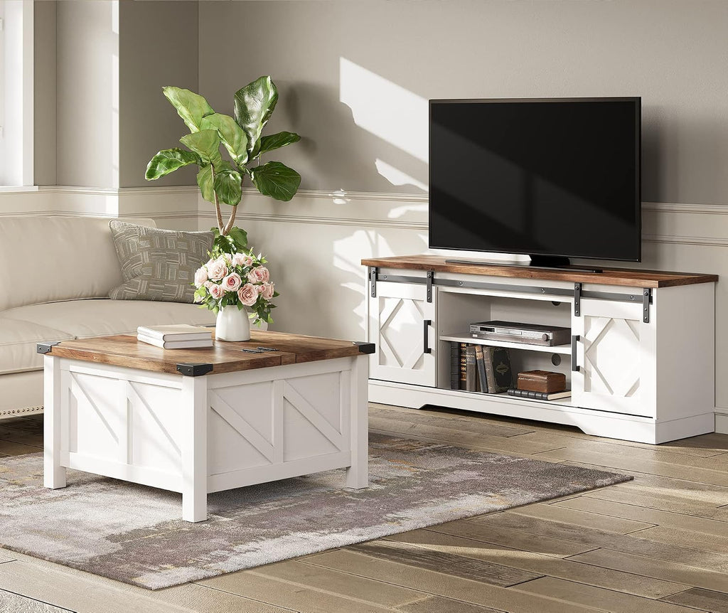 WAMPAT Modern Farmhouse TV Stand for TVs up to 65' with Sliding Barn Doors, 23.6' H Wood Entertainment Center with Adjustable Media Storage Shelf for Living Room, Antique White