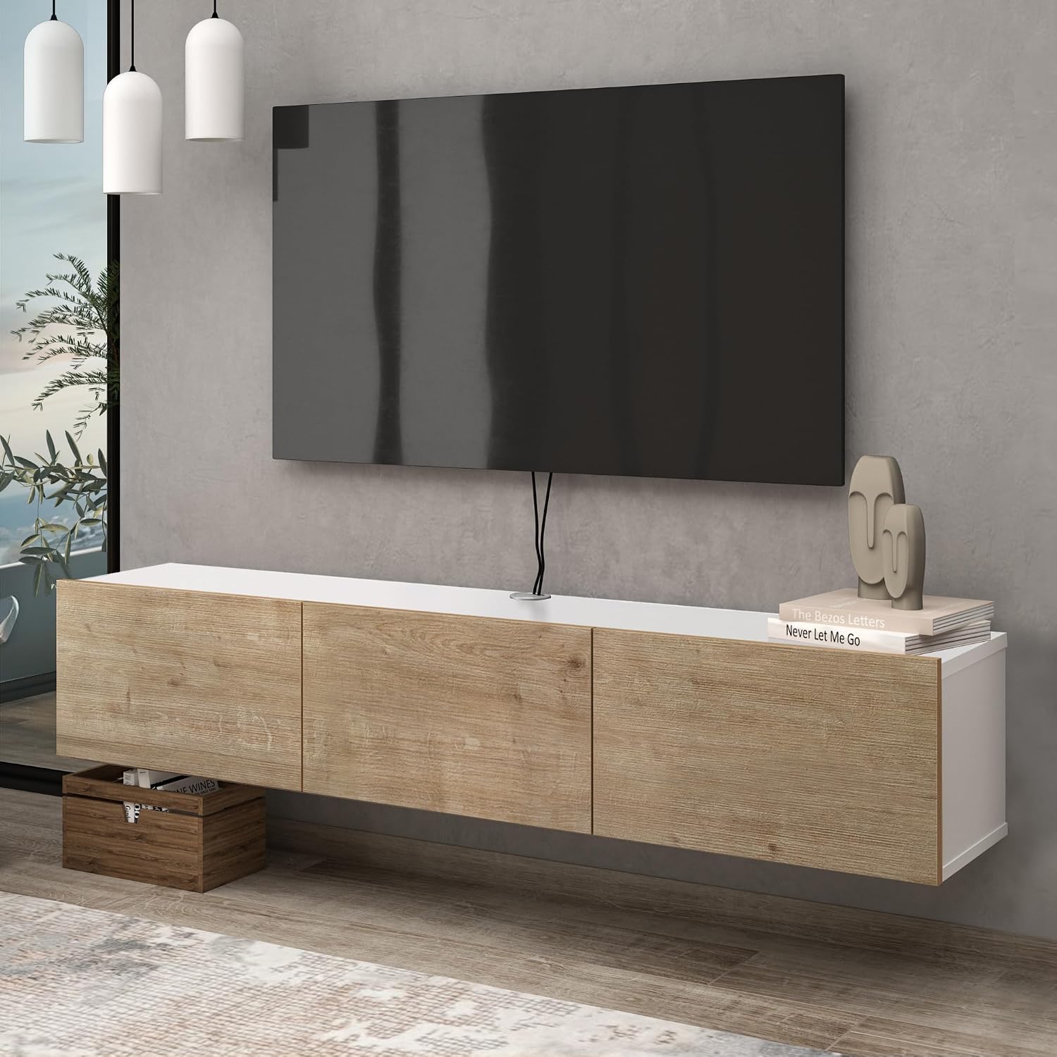 Atelier Mobili Oak TV Console, Wall Mounted TV Stand for Up to 75 Inch TV, Entertainment Center with Floating Shelf
