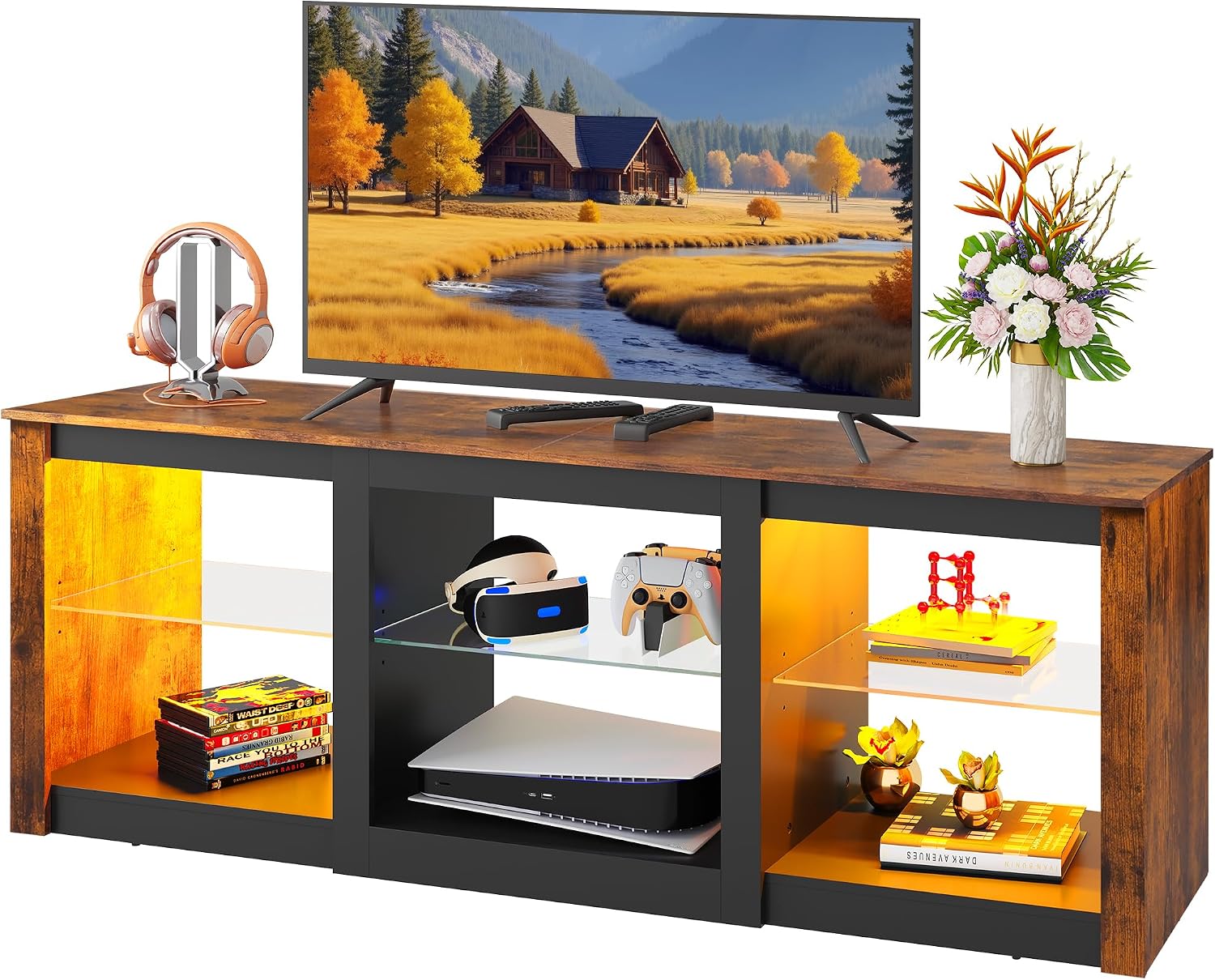 WLIVE Modern LED TV Stand for 65 70 Inch TV, 58' Entertainment Center with Adjustable Glass Shelves & RGB Lights, Wood Media Console Table for Living Room, Bedroom, Gaming Room, Rustic Brown