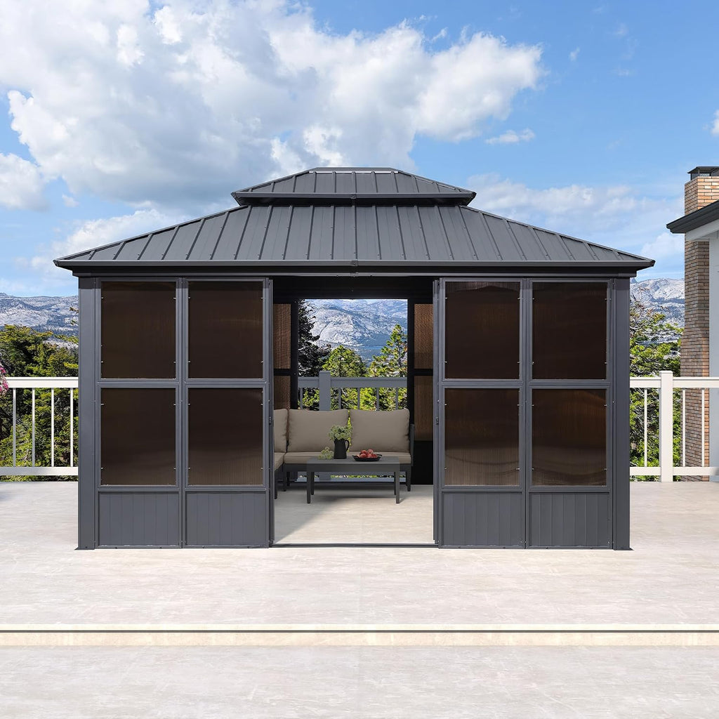 PURPLE LEAF 12' X 14' Solarium Permanent Hardtop Gazebo Galvanized Steel Double Roof Aluminum Outdoor Enclosed Gazebo for Lawn Deck Backyard Grey