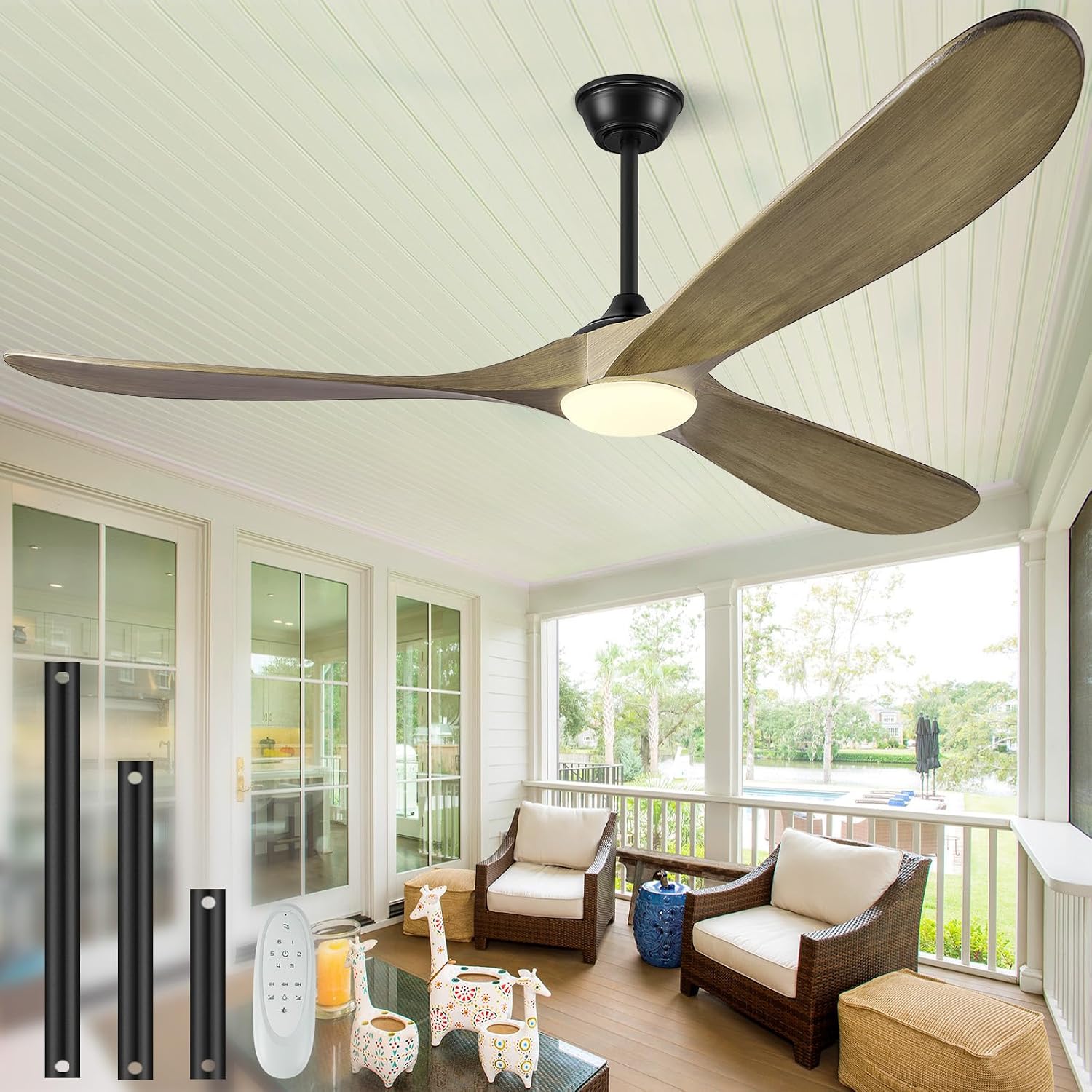 60' Ceiling Fans with Lights and Remote Control, Outdoor Ceiling Fan with Lights High CFM Quiet 3 Blade Wood Walnut Ceiling Fan,Bronze Gray
