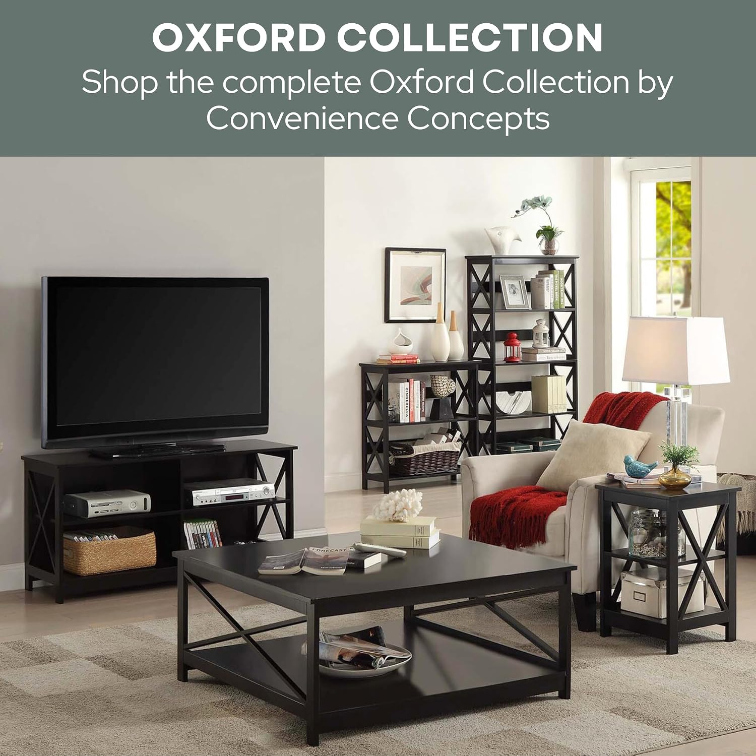 Convenience Concepts Oxford 1-Drawer Console Table 39.5' - Farmhouse Sofa Display with Storage Shelf For Living, Family, & Dining Room, Modern Entryway Hall Table for Kitchen, Bedroom, Black