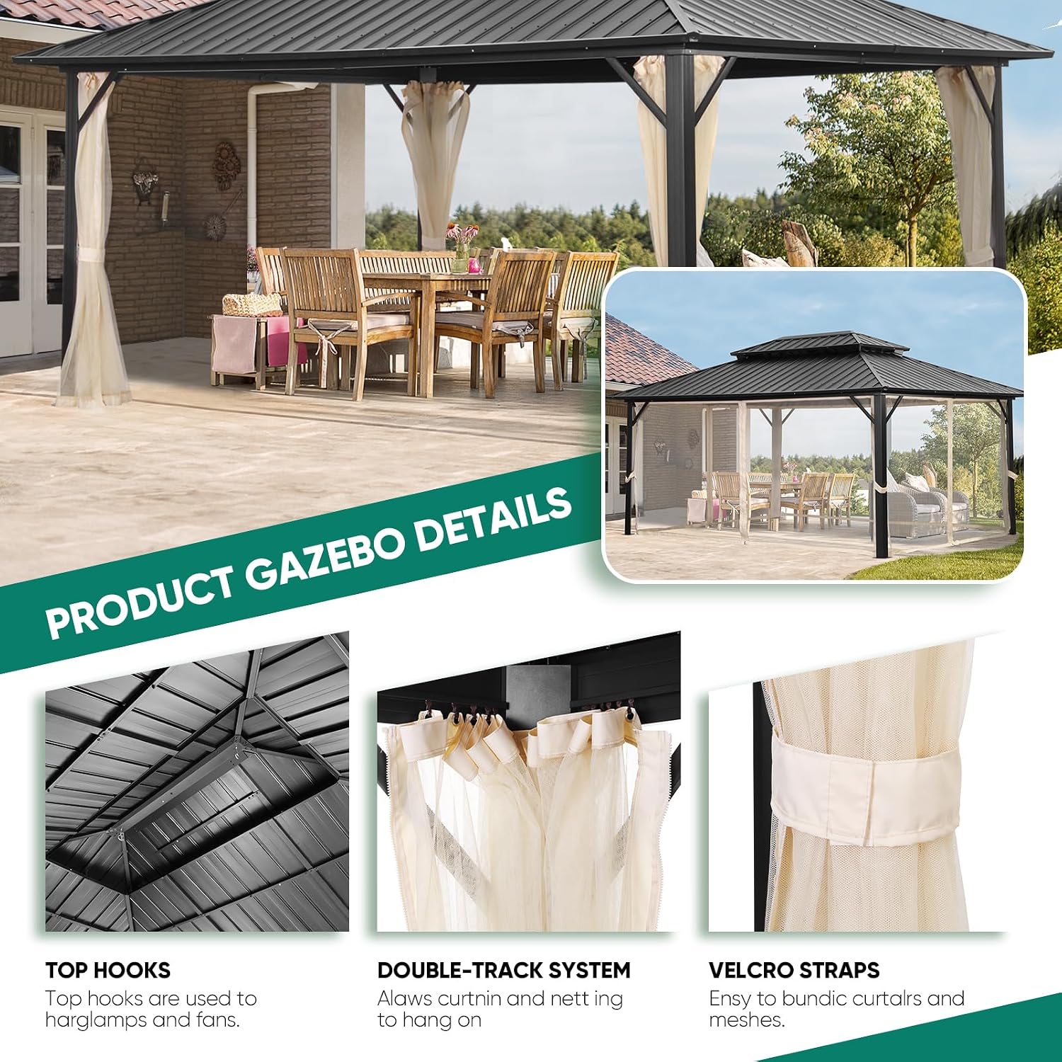 GDY 12' x 16' Hard Top Gazebo, Wood Finish Coated Aluminum Frame Gazebo with Galvanized Steel Double Roof, Metal Gazebo with Curtains and Netting for Patios, Lawns and Gardens.
