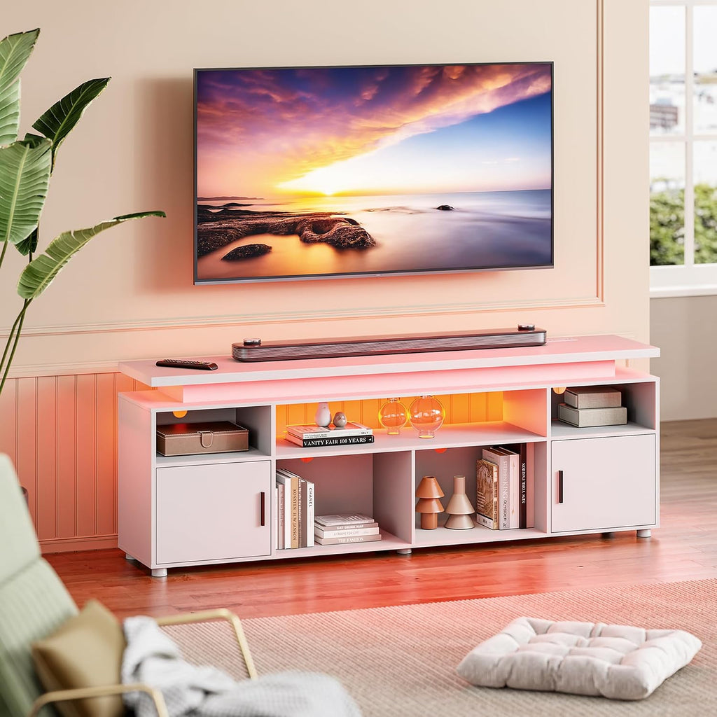SUNCOZE TV Stand, Entertainment Center with LED Lights and Cabinet for 70/75/80 Inch TV, Modern TV Console Gaming Media Television Stands with Power Outlets for PS5 in Living Room and Bedroom, White