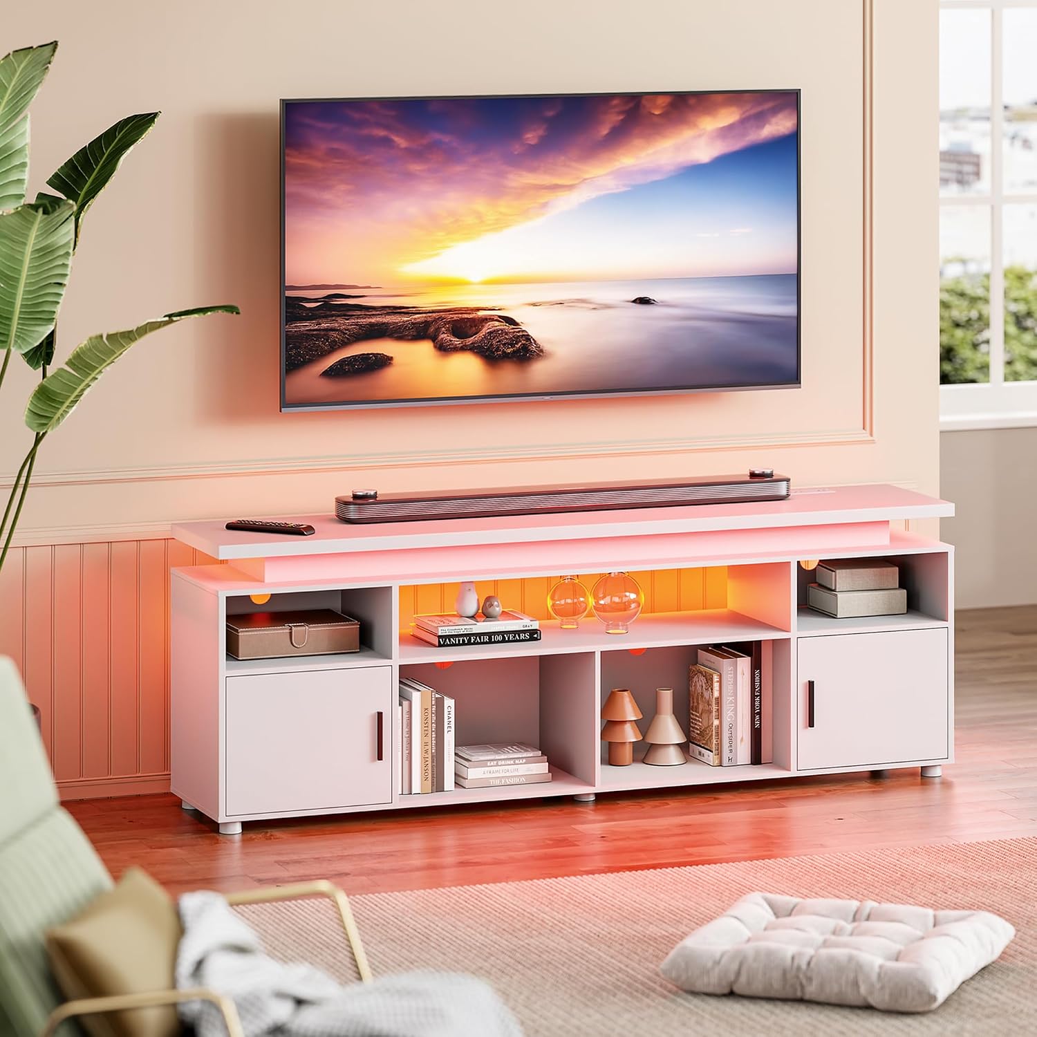 SUNCOZE TV Stand, Entertainment Center with LED Lights and Cabinet for 70/75/80 Inch TV, Modern TV Console Gaming Media Television Stands with Power Outlets for PS5 in Living Room and Bedroom, White