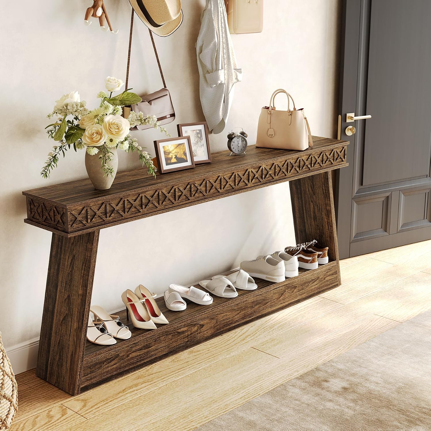 LITTLE TREE 70.87' Long Farmhouse Console Table, 2-Tier Shelf Narrow Accent Entryway Sofa Table for Living Room, Behind Couch, Hallway - Dark Brown