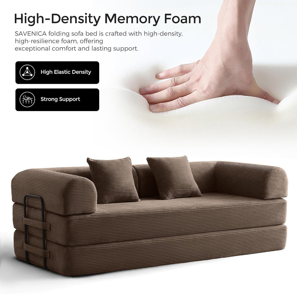 79' Convertible Sofa Bed with Fixed-Shape Frame & Removable Armrests, Modular Corduroy Sleeper Sofa, Folding Mattress Couch for Small Spaces - No Assembly Needed in Brown (Includes 2 Pillows)