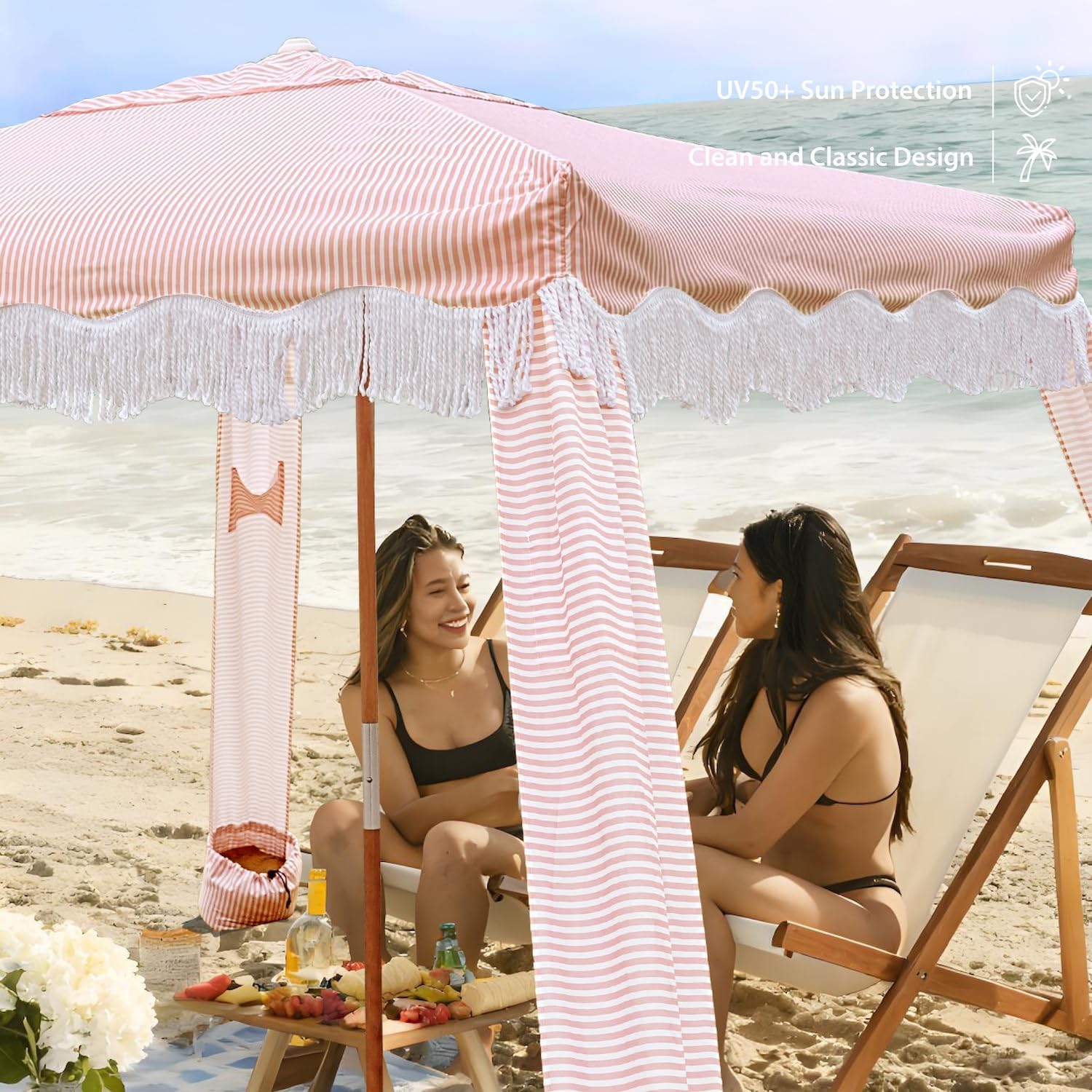 AMMSUN Beach Cabana with Fringe, 7' x 7' Boho Beach Canopy with Tassels, Easy Set up & Premium Wood Pole, Cabana Tent with Sand Pockets, Instant Sun Shade for Sand, Garden, Patio, Pink Stripes
