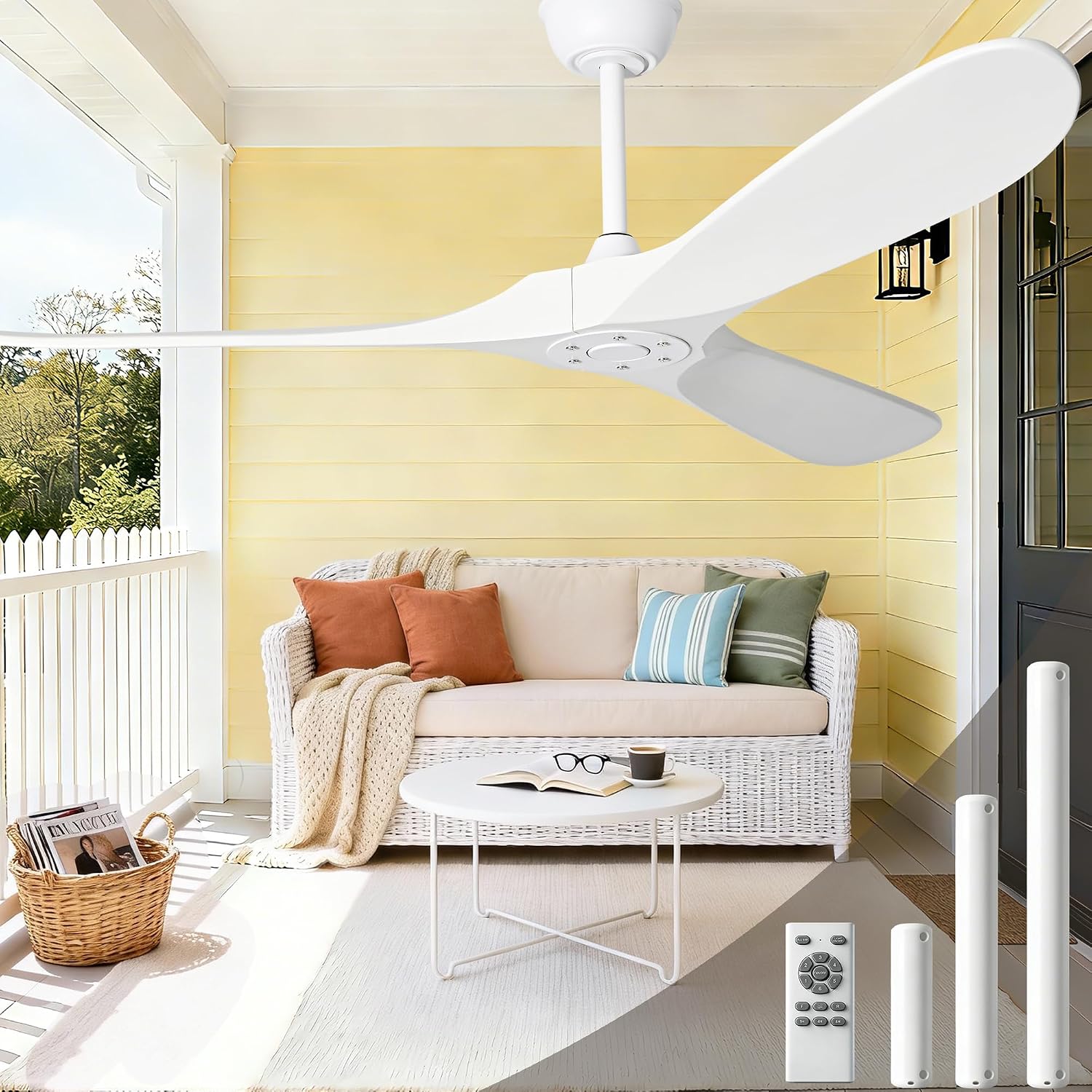 72 Inch White Ceiling Fan No Light, Wood Outdoor Ceiling Fans without Lights for Patios Gazebo Porch Living Room, Modern Exterior Extra Large High CFM Ceiling Fan No Light with Downrod