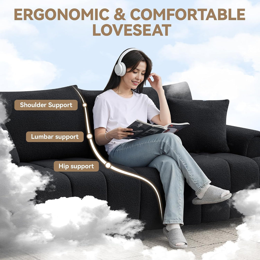 88 'Modern Boucle Sofa Couch, Oversized Comfy 3 Seater Sherpa Curved Sofas Deep Seat, Upholstered Loveseat Teddy Round Arm Couches for Living Room, Bedroom, Black