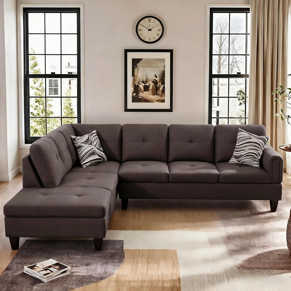 L Shaped Couch Sectional Couches with Chaise, Fluffy Fabric 3 Pieces Modular Convertible Sofa for Living Room Furniture Sets and Small Apartment, Dark Brown