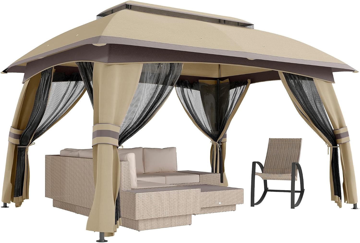 Outsunny 10' x 13' Patio Gazebo, Outdoor Gazebo Canopy Shelter with Netting, Vented Roof, Steel Frame for Garden, Lawn, Backyard, and Deck, Beige