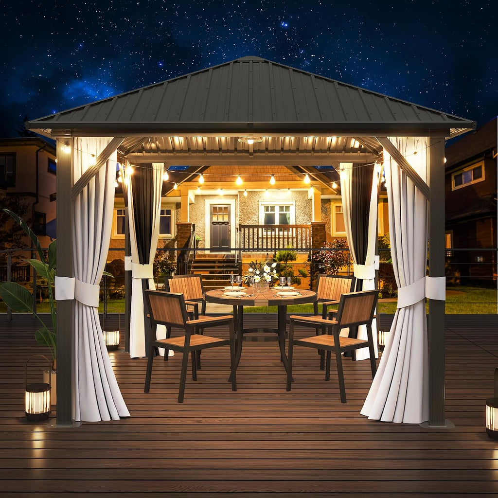 10FTx10FTHardtop Gazebo, Galvanized Steel Outdoor Aluminum Single Top Pavilion, Permanent Metal Gazebo with Netting and Curtains, for Patio, Backyard and Deck…