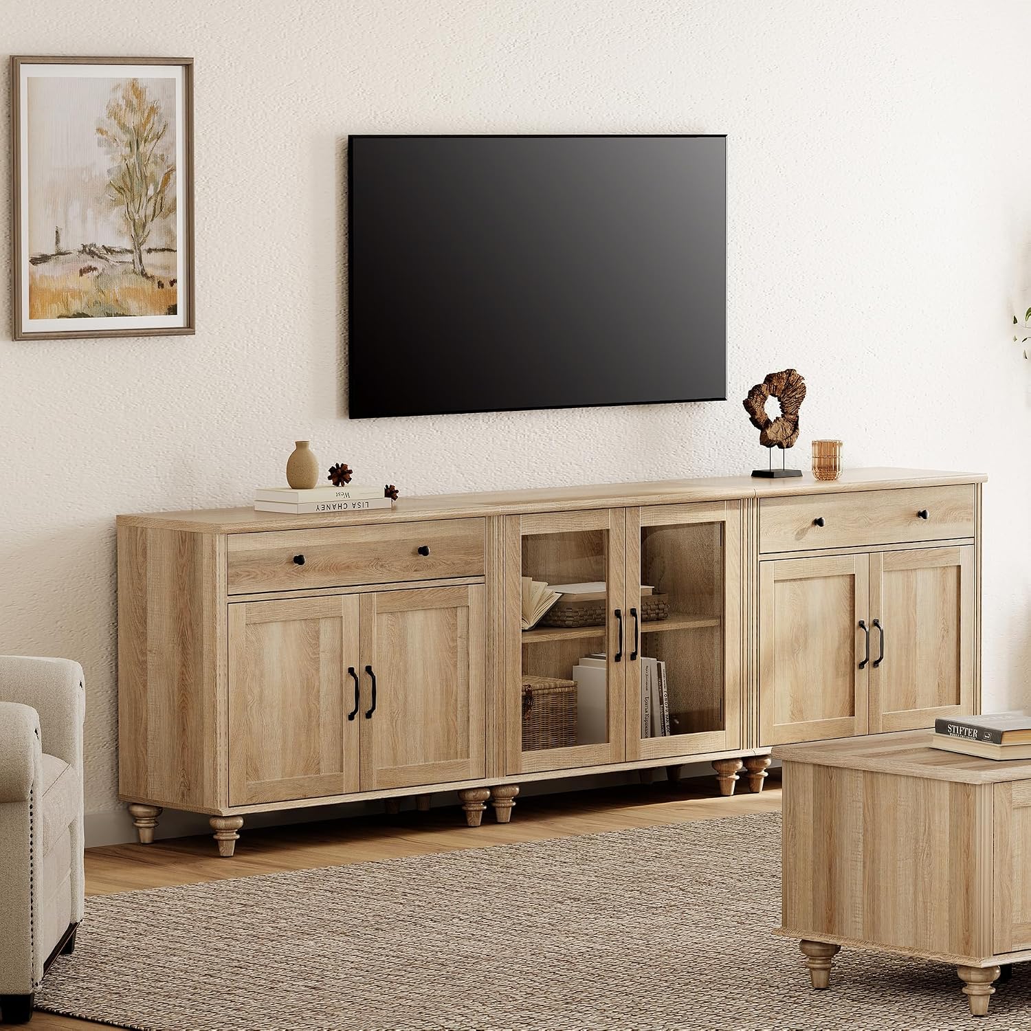 WAMPAT Modern TV Stand for 100 Inch TV, 3-in-1 TV Console Table for 75/80/85/90 Inch TV, Farmhouse Entertainment Center with Glass & Wood Door, Kitchen Sideboard Buffet Cabinet for Dining Room, Oak