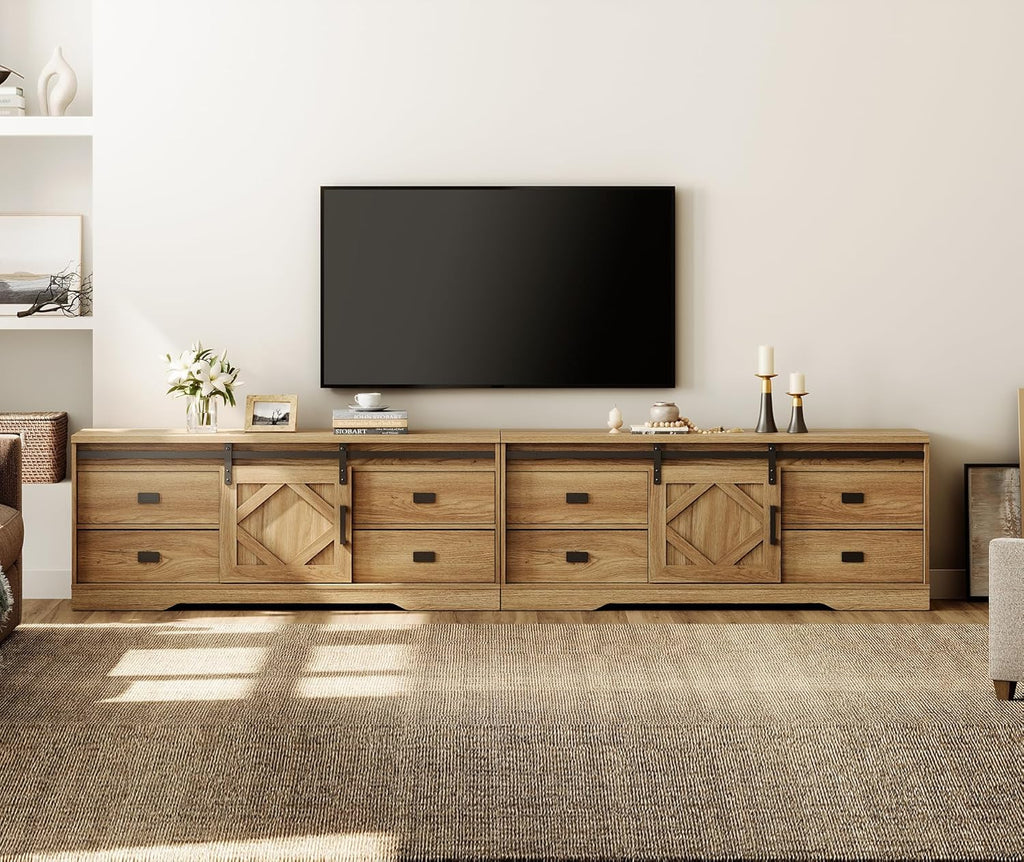 WAMPAT 118' Wide Modern Farmhouse 2 in 1 TV Stand for up to 130' TVs,Faux Bark Finish Wood Entertainment Center with 8 Drawers and Sliding Barn Doors for Living Room,Vintage Oak