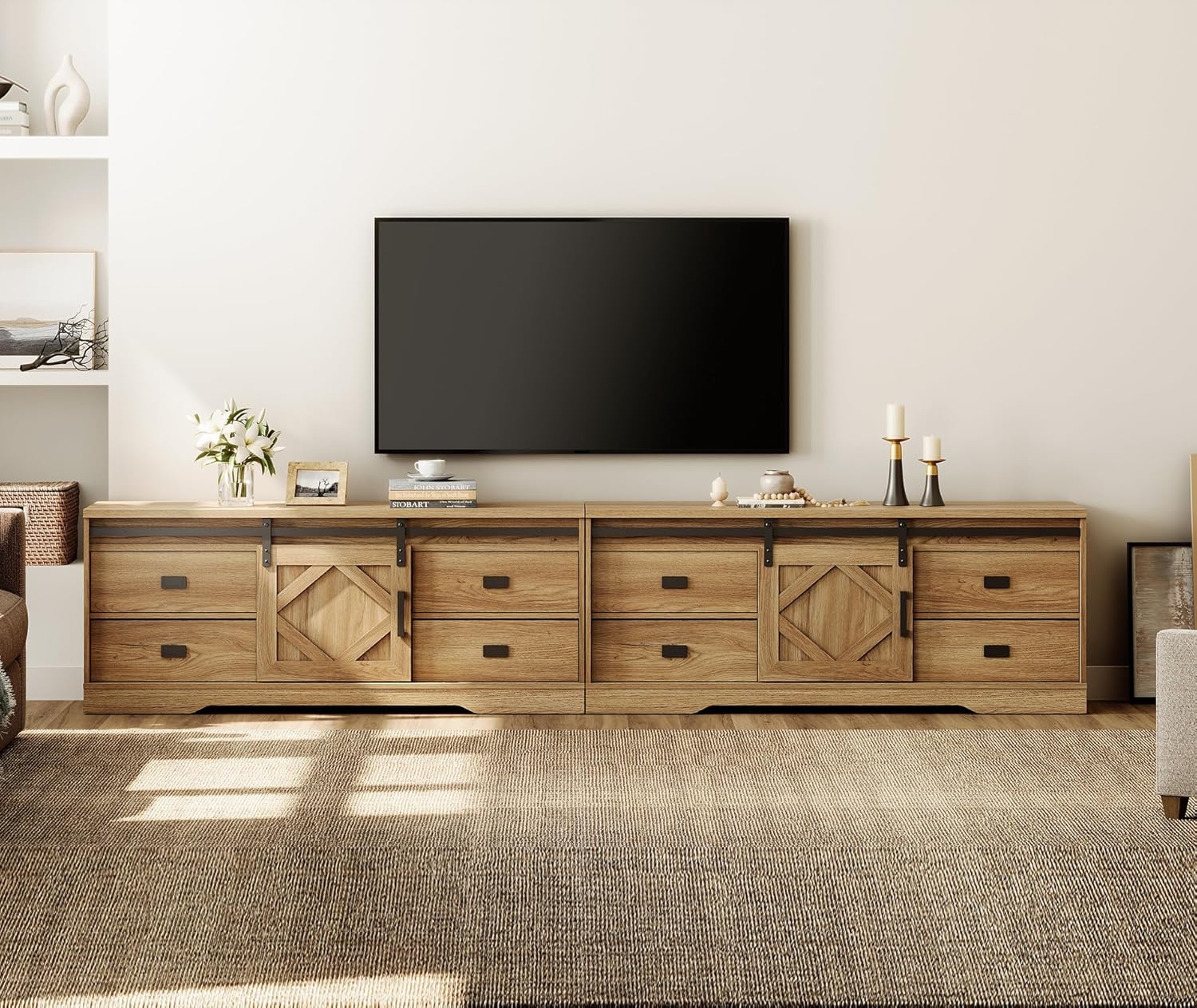 WAMPAT 118' Wide Modern Farmhouse 2 in 1 TV Stand for up to 130' TVs,Faux Bark Finish Wood Entertainment Center with 8 Drawers and Sliding Barn Doors for Living Room,Vintage Oak