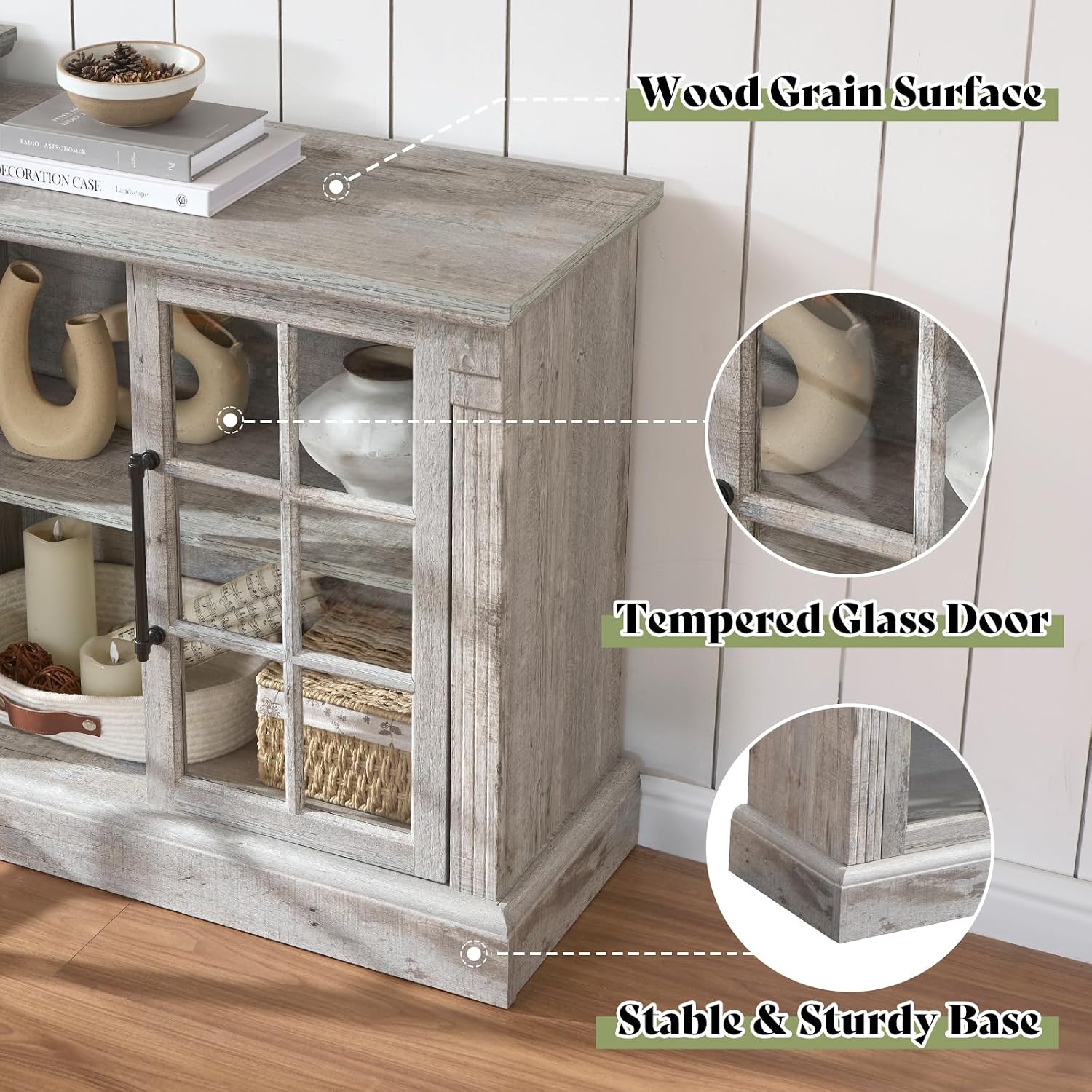 AMERLIFE 97' Farmhouse Fireplace TV Stand, Entertainment Center with Large Storage Space and Adjustable Shelf, Media Console for Living Room, Light Grey