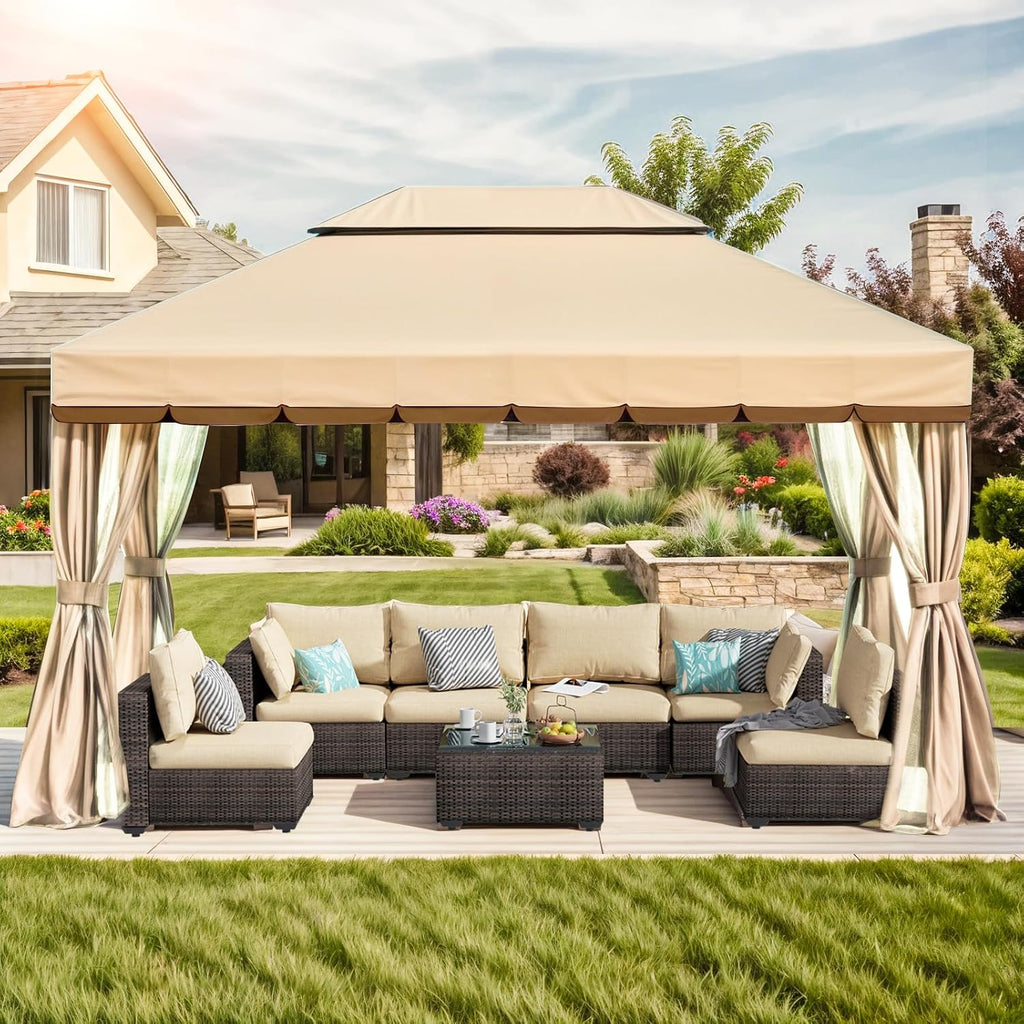 10x13 Gazebo for Patio, Outdoor Gazebo with Mosquito Netting & Curtains, Double Tier Roof Round Leg Marquee Canopy Shelter for Garden, Deck, Backyard, Lawn (Beige)