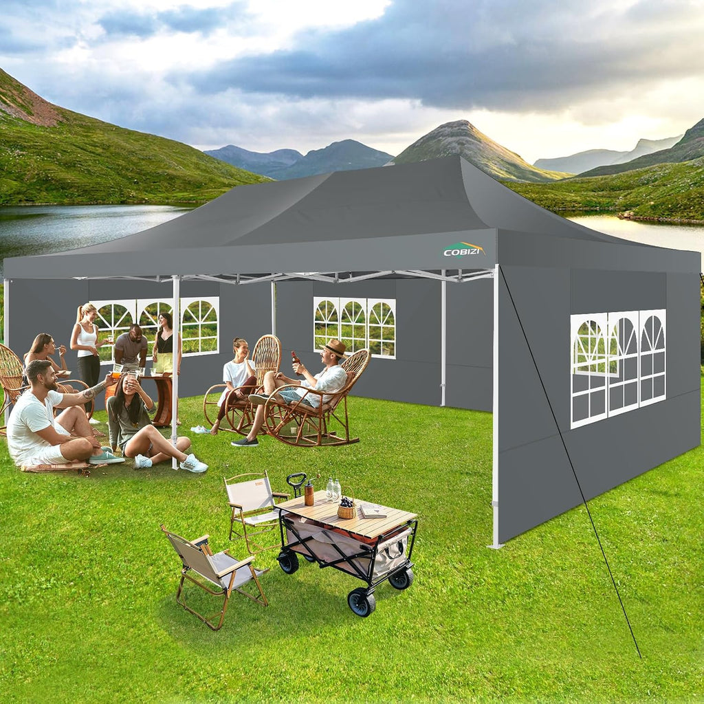 COBIZI 13x26 Heavy Duty Pop Up Canopy with 6 Sidewalls Party Tent Outdoor Wedding Large Event Tent with Roller Bag for Garden Lawn Waterproof UPF 50+ Easy Up, Gray (Framework Upgraded)
