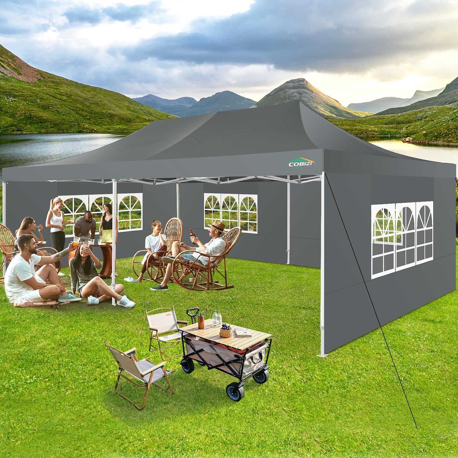 COBIZI 13x26 Heavy Duty Pop Up Canopy with 6 Sidewalls Party Tent Outdoor Wedding Large Event Tent with Roller Bag for Garden Lawn Waterproof UPF 50+ Easy Up, Gray (Framework Upgraded)