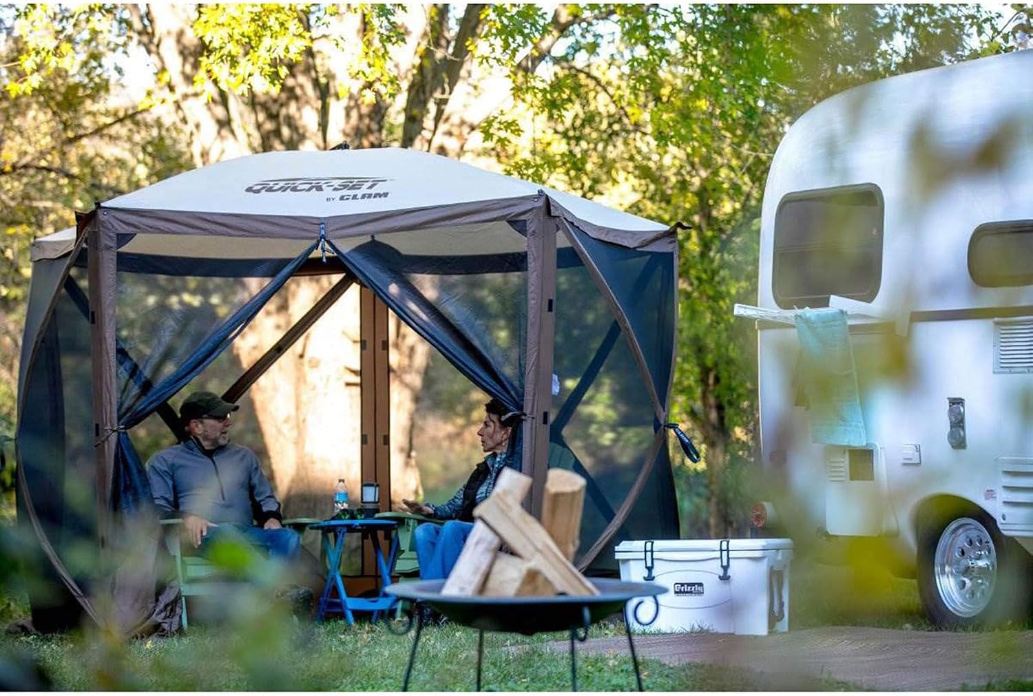CLAM Venture 9' x 9' Pop-Up Screen Tent – Tan Portable 5-Sided Outdoor Gazebo Canopy with Mesh Netting, Carry Bag, Stakes & Tie-Downs – Instant Setup Shelter for Camping, Picnics & Events
