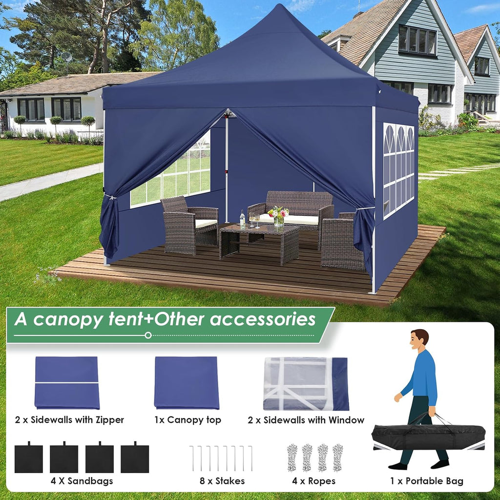 COBIZI Canopy 10x10 Pop Up Canopy Tent with Sidewalls, Commercial Party Tent Ez Waterproof Outdoor Instant Gazebo UV 50+ Event Shelter, Garden Tents for Parties Camping with Sandbags,Dark Blue