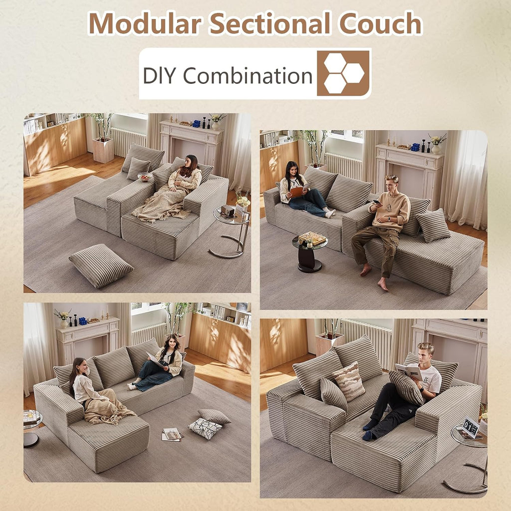 96' Modular Sectional Sofa, Modern Corduroy Cloud Couch with Deep Seat, Boneless Couch Upholstered 3-Seater L-Shaped Sofa for Living Room, No Assembly Required (Camel, Left-Facing Chaise)