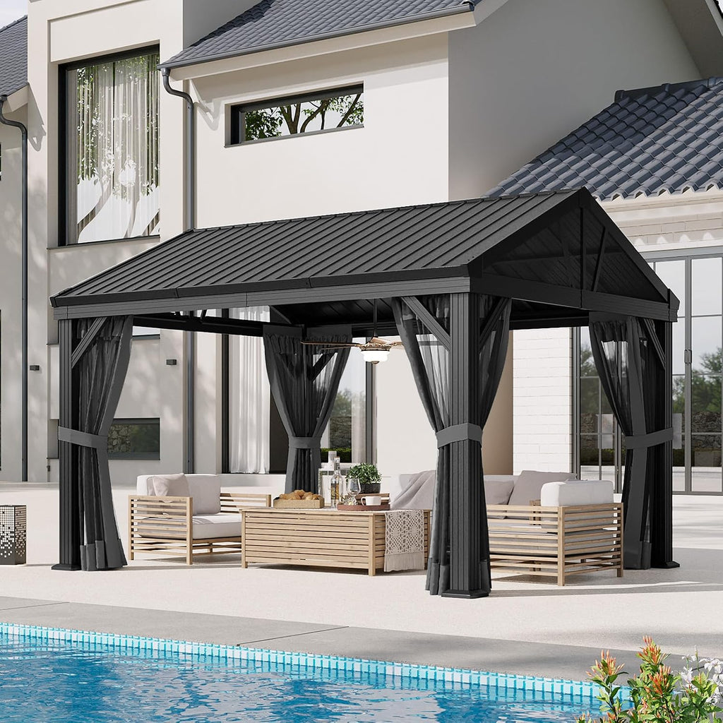 Aoxun 10' x 12' Outdoor Aluminum Gazebo, Hardtop Gazebo Permanent Metal Pavilion with Galvanized Steel Gable Roof, for Patio, Garden, Backyard, Square Foundation