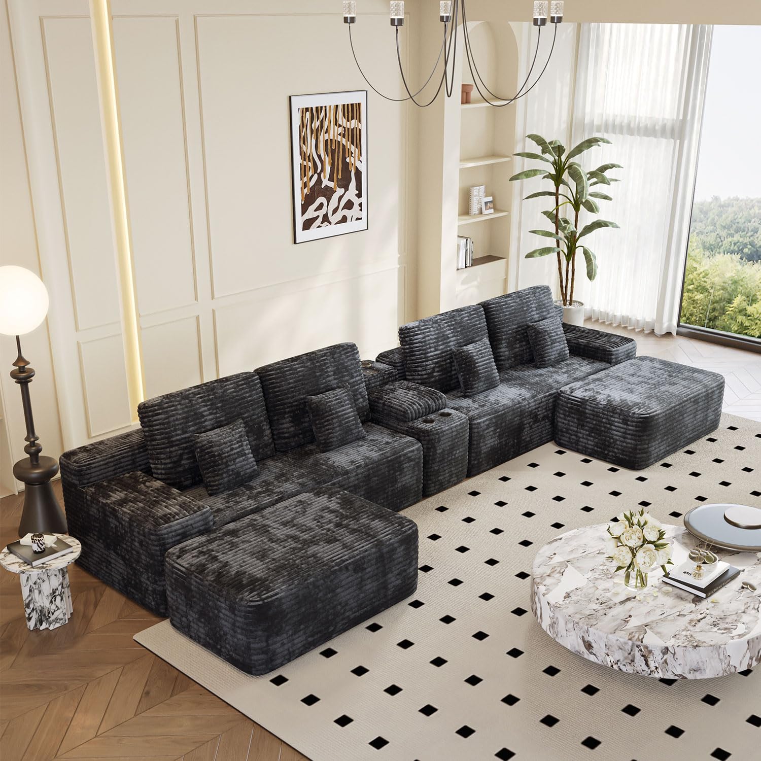 KEIKI 150' U-Shaped Oversized Corduroy Modular Sectional Sofa with 2 Ottomans and Multi Functional Console, 6-Seater Upholstered Couch with USB and 2 Cup Holder, Easy Assembly, for Living Room, Black