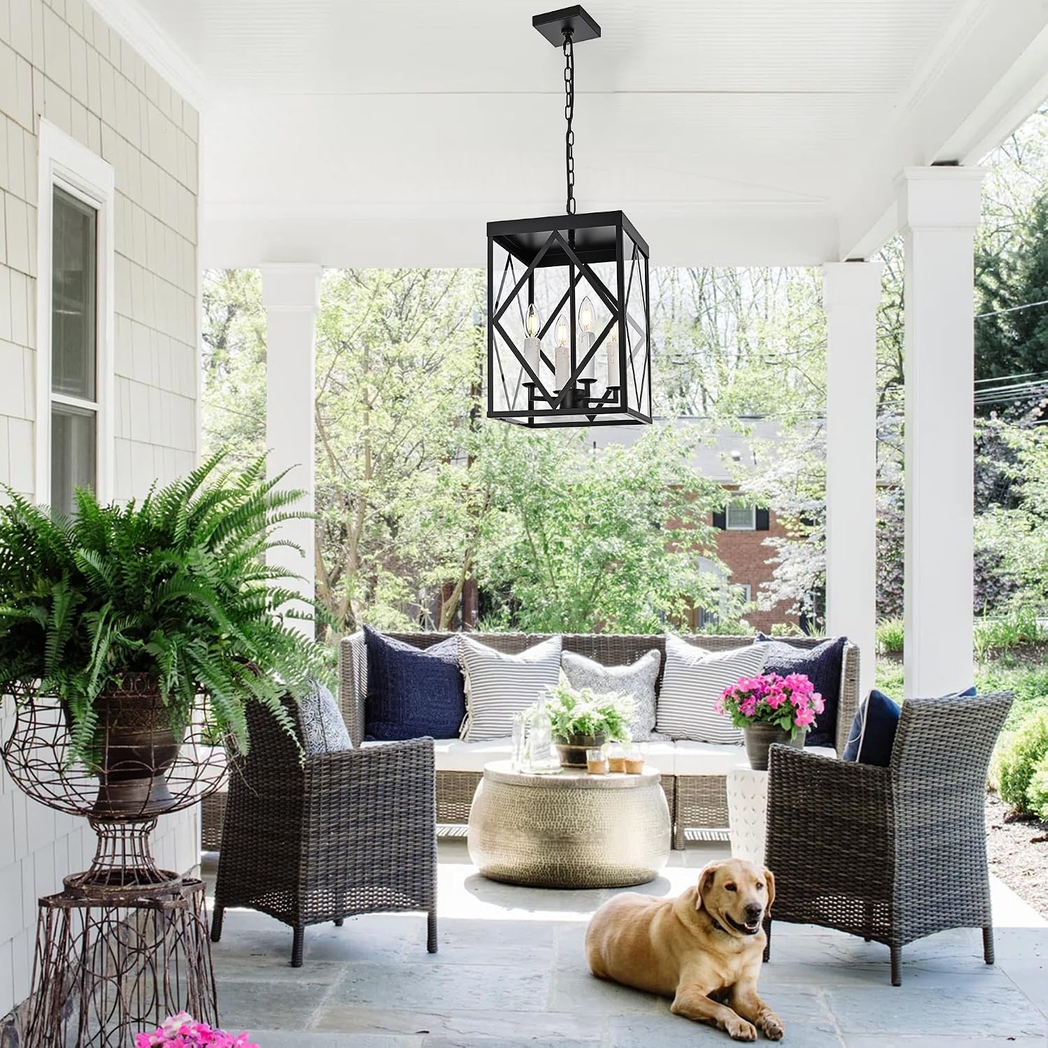Black Exterior Pendant Lights for Porch with Clear Glass 4 Light Adjustable Hanging Lamp Farmhouse Lantern Porch Light Exterior Chandelier Ceiling Mount for Entrance Patio, White Candle Socket