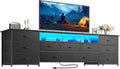 Huuger 78.7 Inch TV Stand for 75, 80 Inch TV, 11 Drawer Long Dresser with Power Outlets and LED Lights, Entertainment Center with Storage, Black Dresser with PU Leather Surface