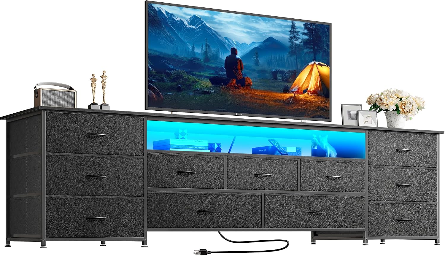 Huuger 78.7 Inch TV Stand for 75, 80 Inch TV, 11 Drawer Long Dresser with Power Outlets and LED Lights, Entertainment Center with Storage, Black Dresser with PU Leather Surface