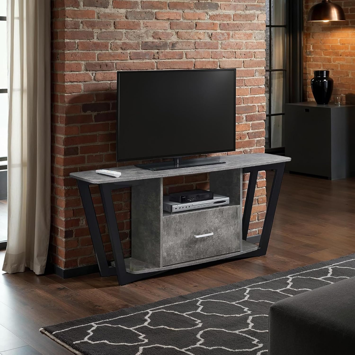 Convenience Concepts Graystone TV Stand 59.25' - Modern Entertainment Center for TVs up to 65', Industrial Media Console with Storage Drawer & Shelves for Living & Family Room, Cement/Black
