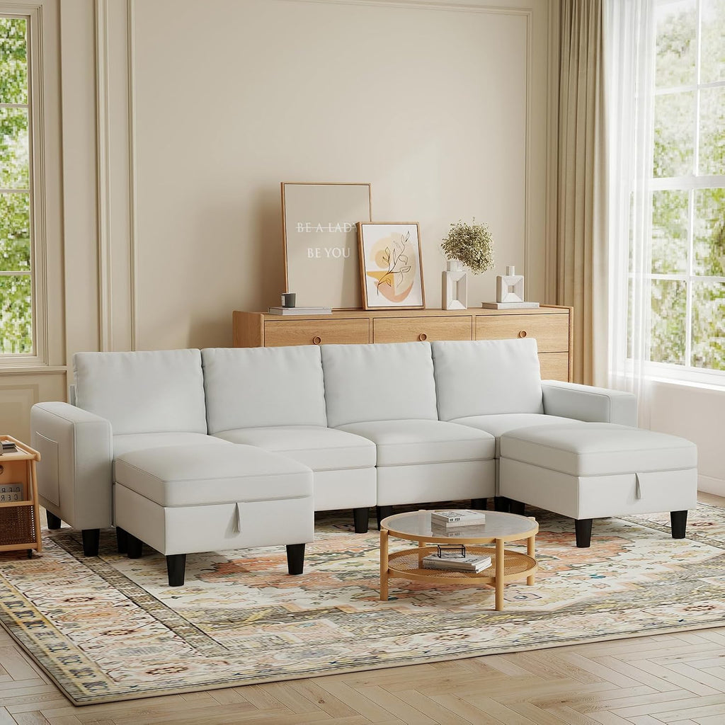 Modular Sectional Couches for Living Room, 110' U Shaped Sectional Sofa with Adjustable Backrest, 6 Seat Linen Cloud Couch Sectionals with Storage Ottoman for Apartment (White)