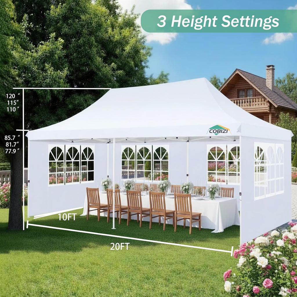 COBIZI 10x20 Pop Up Canopy with 6 Sidewalls, Conical Party Tent 10x20 with 3 Adjustable Height Waterproof, UV-Resistant with Carry Bag, Sandbag, Stake, Tents for Parties, Commercial (Frame Upgraded)