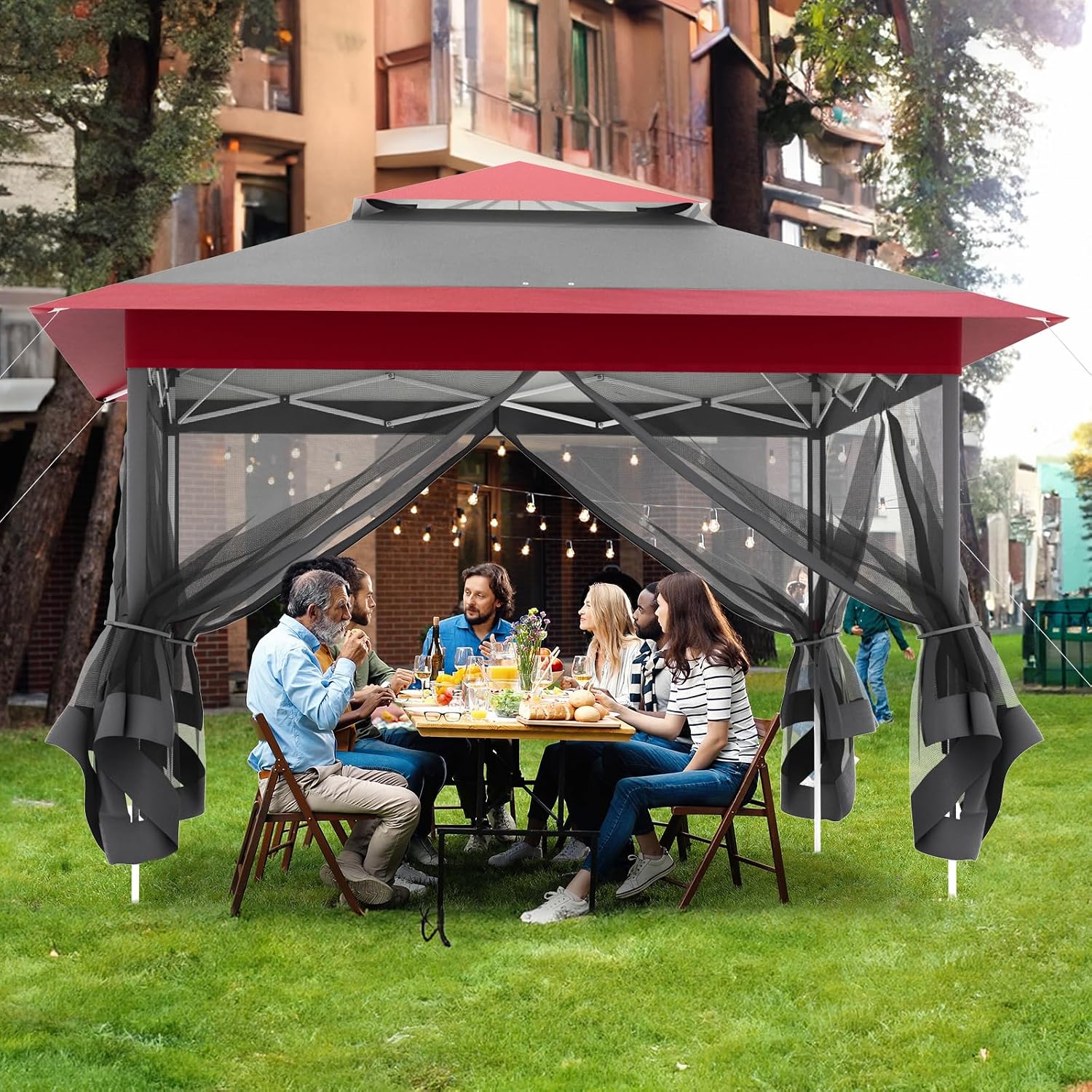 MAMIZO 13ft Pop Up Gazebo, Outdoor Instant Canopy Tent w/4 Netting Sidewall & Auto Extending Eave, Patio Gazebos Shelter w/Mesh Wall, Center Lock, Wheeled Bag for Garden, Yard (Red, 13X13FT)
