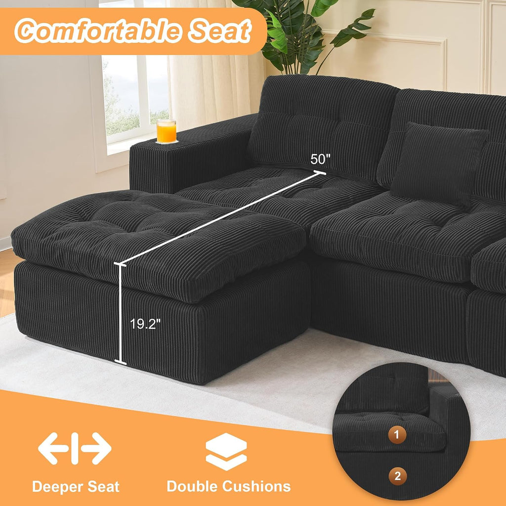 108' Modular Sectional Sofa, Cloud Sectional Couch with Deep Seat, Modern Modular L-Shape Sofa Couch with Chaise,Upholstered Couches for Living Room Bedroom (Matte Black)