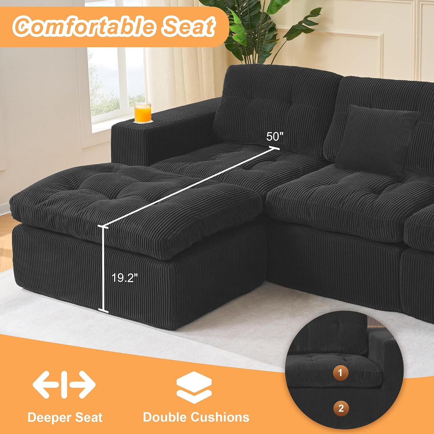 108' Modular Sectional Sofa, Cloud Sectional Couch with Deep Seat, Modern Modular L-Shape Sofa Couch with Chaise,Upholstered Couches for Living Room Bedroom (Matte Black)
