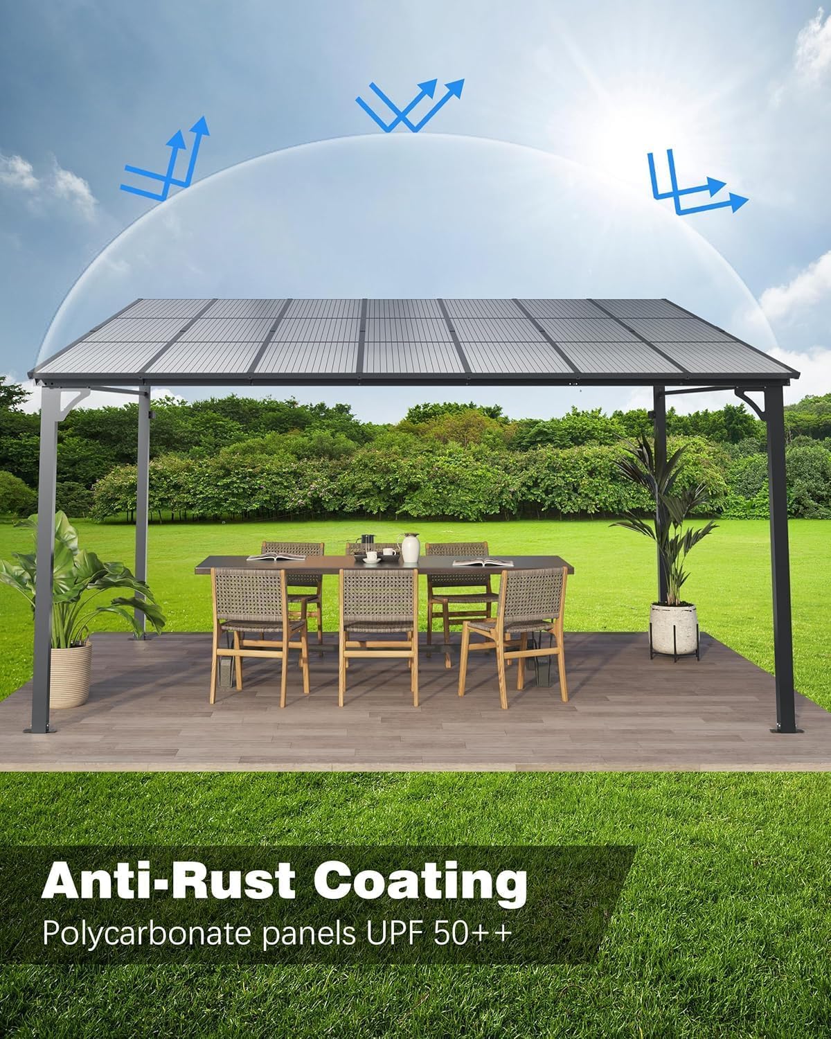 10x10 FT Gazebo for Patio, Wall Mounted Lean to Hardtop Gazebo Pergola with 6Mm Sloped Roof Heavy Duty Awnings for Porch, Decks, Backyard to Shade & Rain