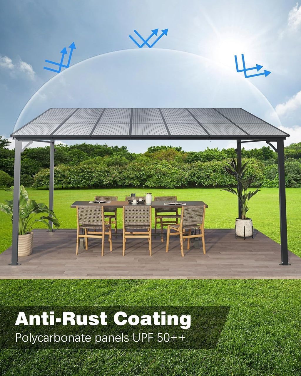 12x16 FT Gazebo for Patio, Wall Mounted Lean to Hardtop Gazebo Pergola with 6Mm Sloped Roof Heavy Duty Awnings for Porch, Decks, Backyard to Shade & Rain