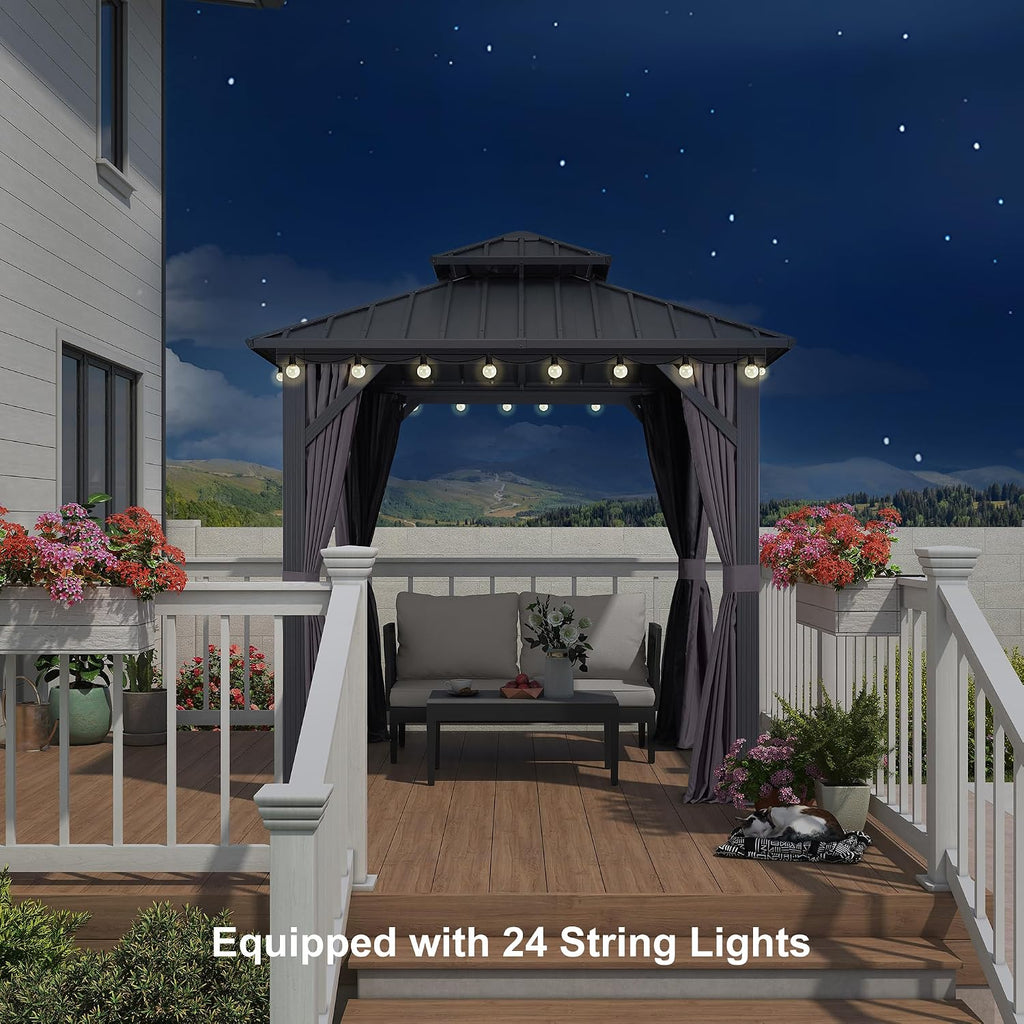 PURPLE LEAF 8'x8' Hardtop Gazebo with Lights All-Weather Galvanized Steel Double Roof Outdoor Patio Garden Gazebo Including Netting and Curtains Grey