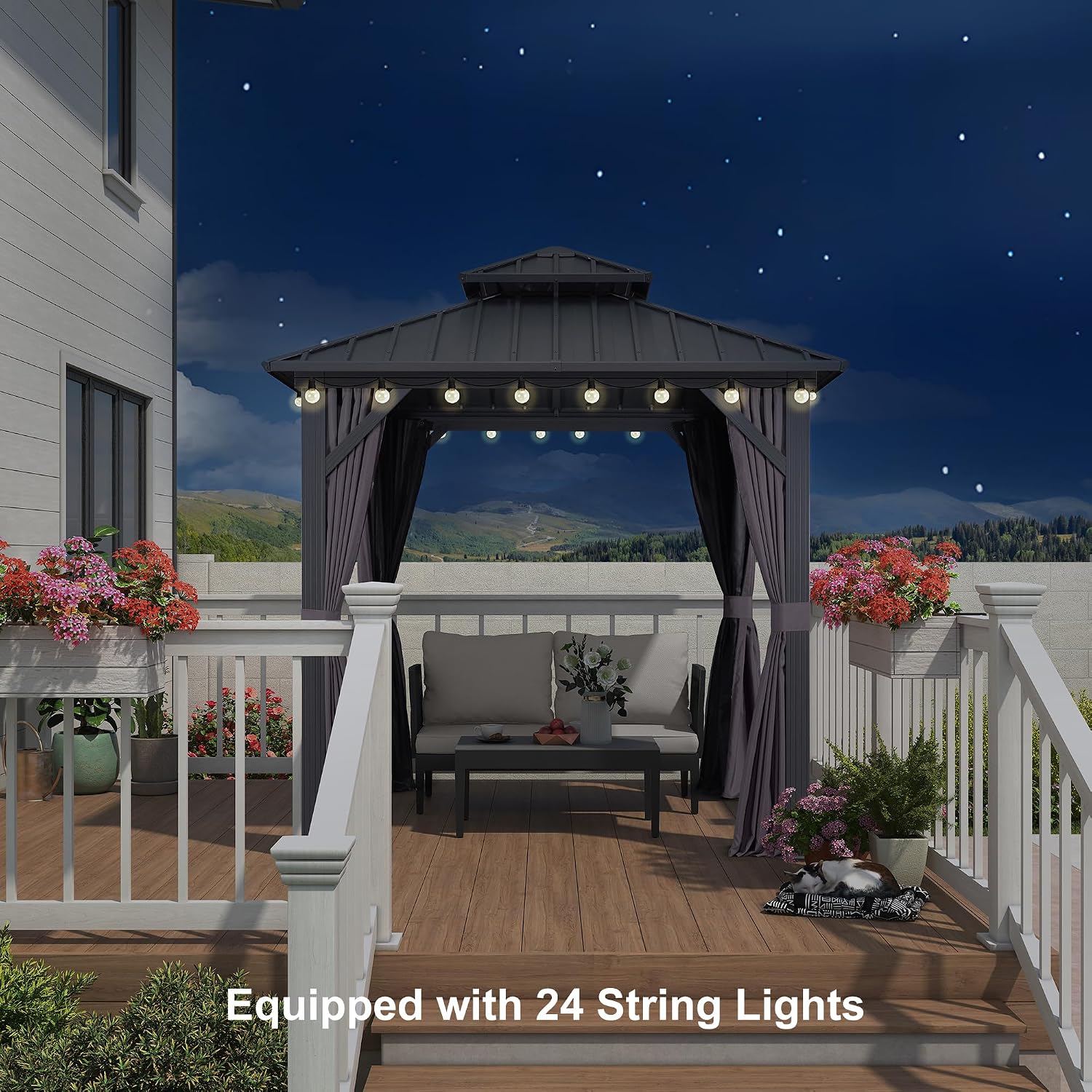 PURPLE LEAF 8'x8' Hardtop Gazebo with Lights All-Weather Galvanized Steel Double Roof Outdoor Patio Garden Gazebo Including Netting and Curtains Grey