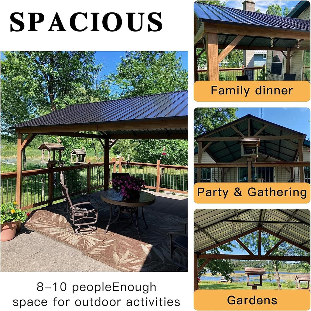 12'x14' Hardtop Gazebo, Outdoor Wooden Coated Aluminum Frame Hard Top Gazebo with Galvanized Steel Double Roof, Permanent Metal Roof Gazebo Pavilion for Deck, Patio and Garden (Yellow-Brown)
