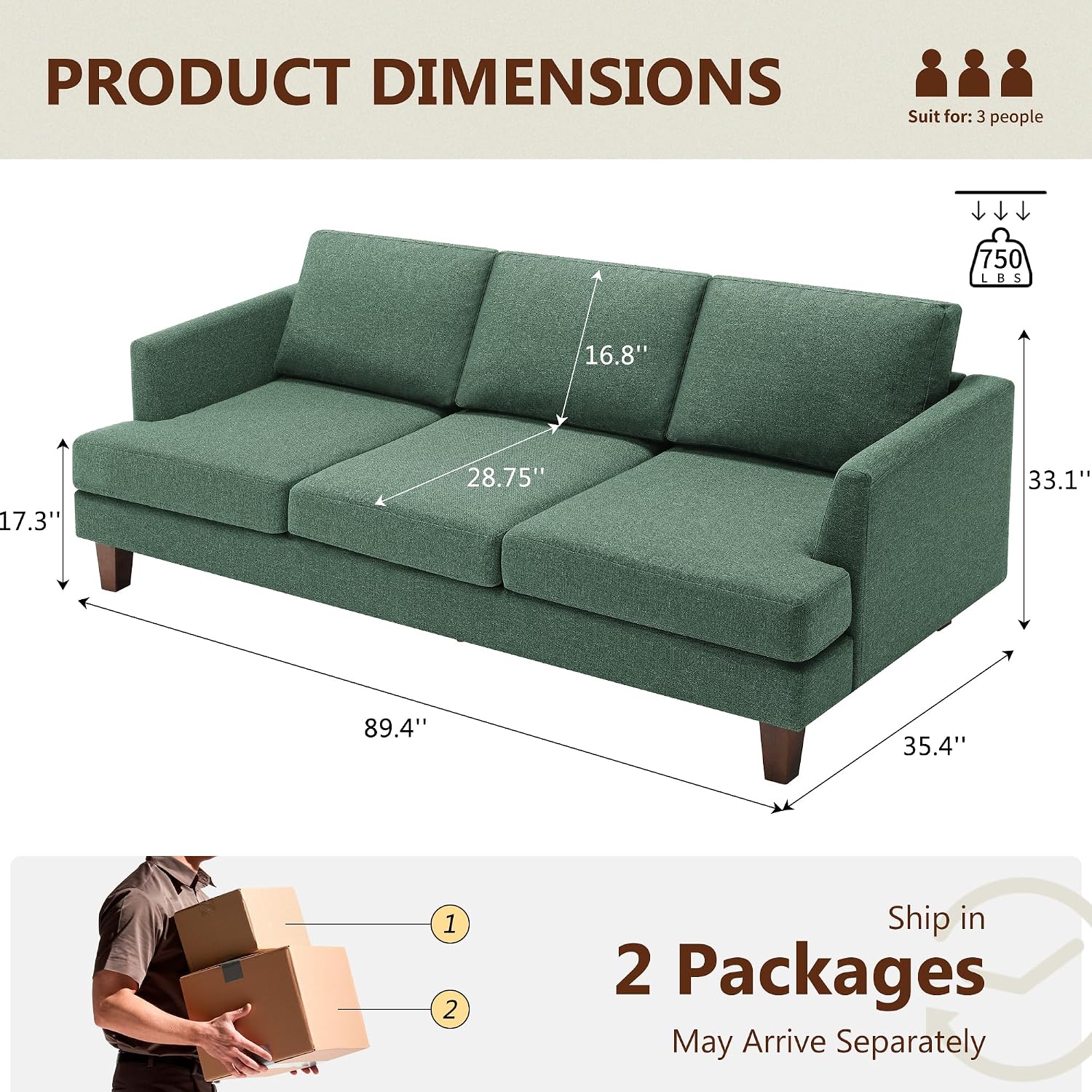 Busaurus Green 3 Seater Mid Century Modern Sofa, 89' Upholstered Couch with Deep Seats, Armrests, Comfy Furniture for Living Room