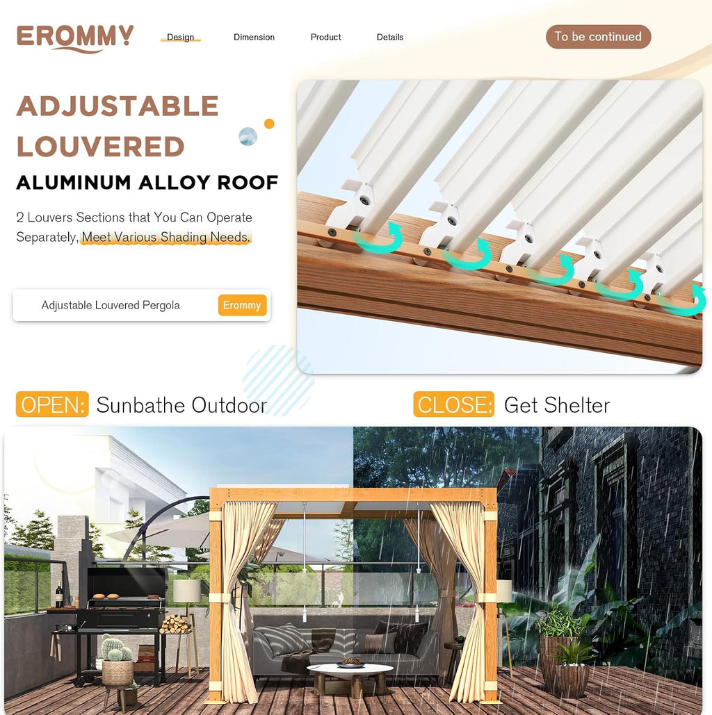EROMMY Louvered Pergola 10x10, Outdoor Aluminum Pergola with Adjustable Rainproof Roof for Garden, Patio, Deck, Waterproof Curtains and Netting Included, Wood Grain